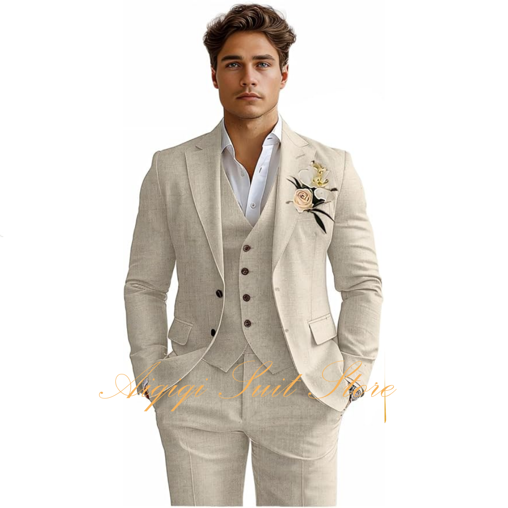 Men Grooming Outfit - Linen Men's Suits 3 Piece Slim