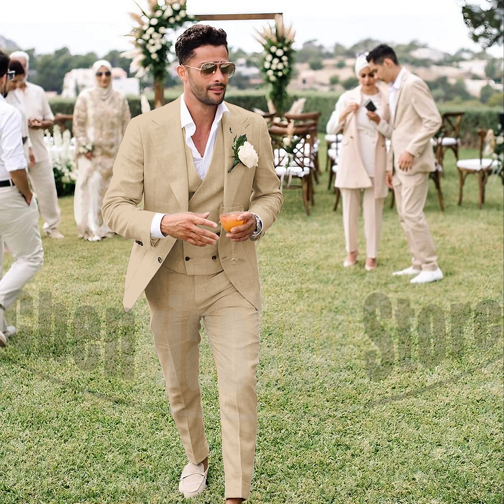 Summer Linen Men Suits 3 Piece - Men Grooming Outfit ulasan dan harga