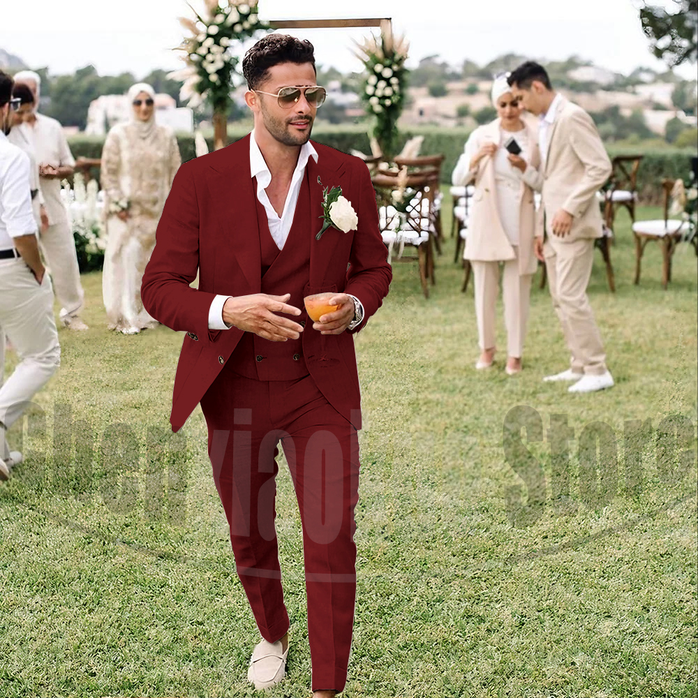 Summer Linen Men Suits 3 Piece - Men Grooming Outfit ulasan dan harga